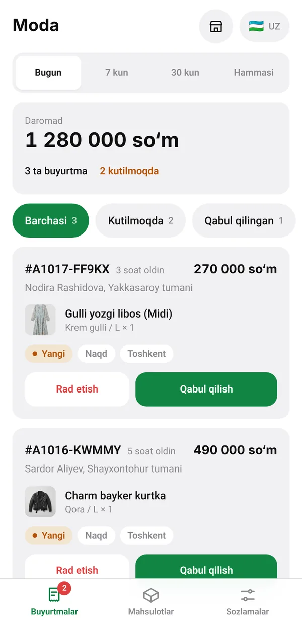 Sotuvchi paneli: tushum va buyurtmalar, har birida keyingi qadam