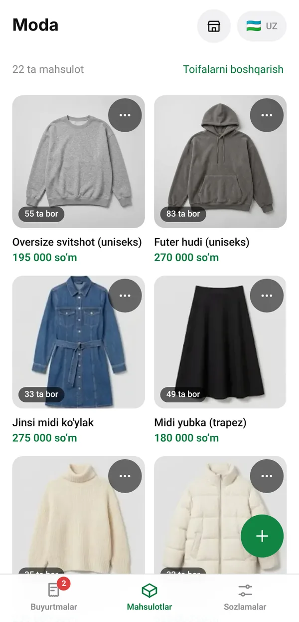 Sotuvchi paneli: rasmi, narxi va qoldig‘i bilan tovarlar